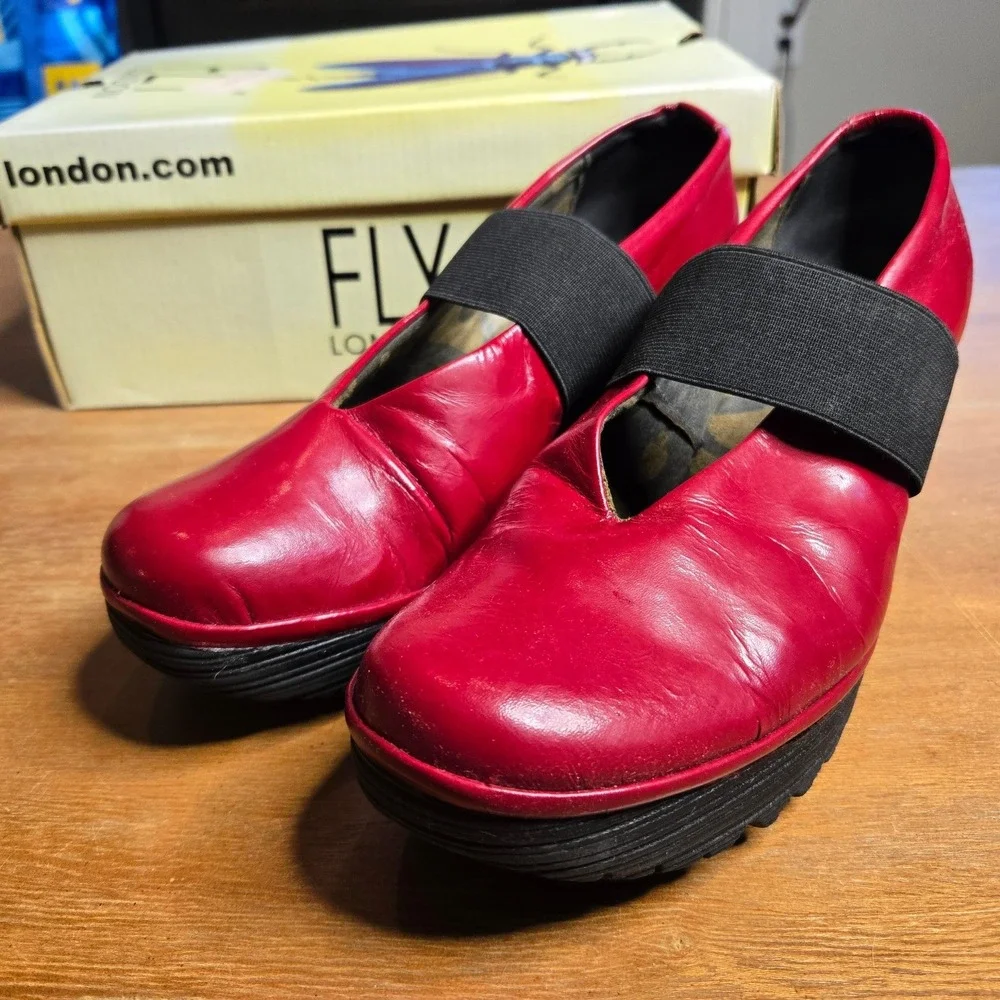 Fly London Red Leather Wedge Shoes with Black Elastic Strap